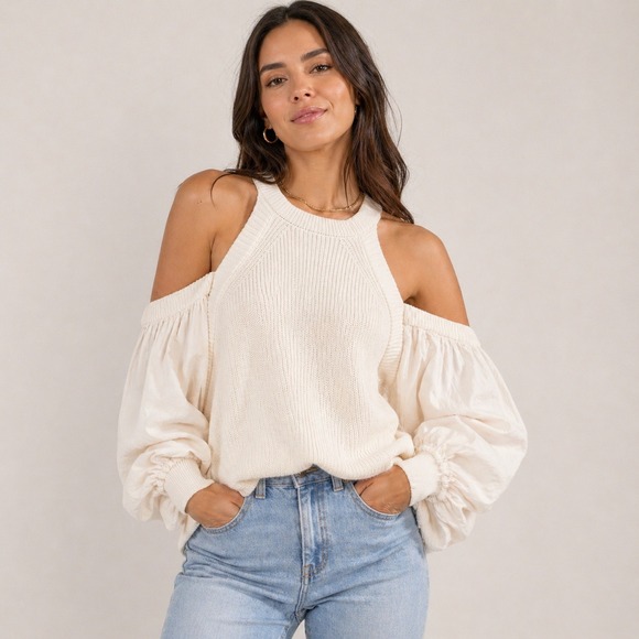 Free People Sweaters - FREE PEOPLE Mixed Media Cold Shoulder Sweater Balloon Sleeve Beachy Ivory Sz S